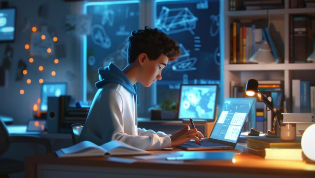 นักเรียนกำลังอ่านหนังสือเตรียมสอบโดยใช้ AI บนแล็ปท็อป โต๊ะเรียนมีสมุดและแท็บเล็ต แสดงให้เห็นการเรียนรู้ผ่านเทคโนโลยี