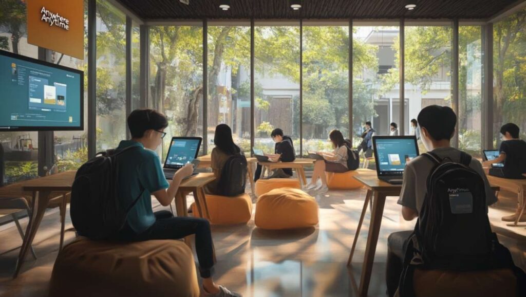 students using tablets and smartphones for online learning