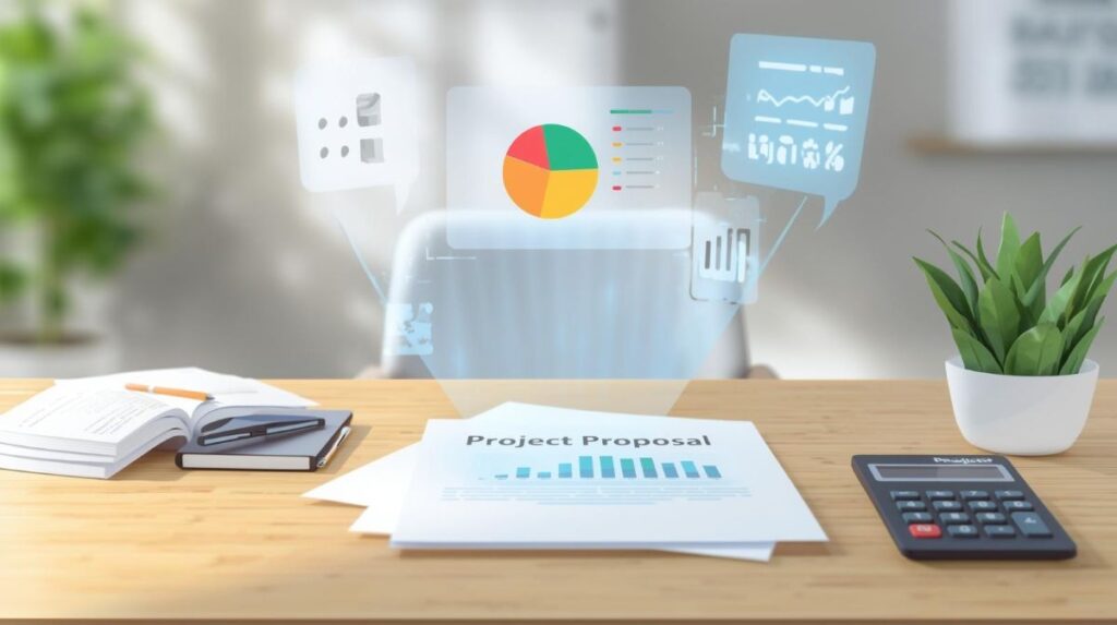 โต๊ะทำงานมีเอกสาร Project Proposal เครื่องคิดเลข และโฮโลแกรม AI แสดงกราฟวงกลม ข้อมูลงบประมาณ และการวิเคราะห์โครงกา