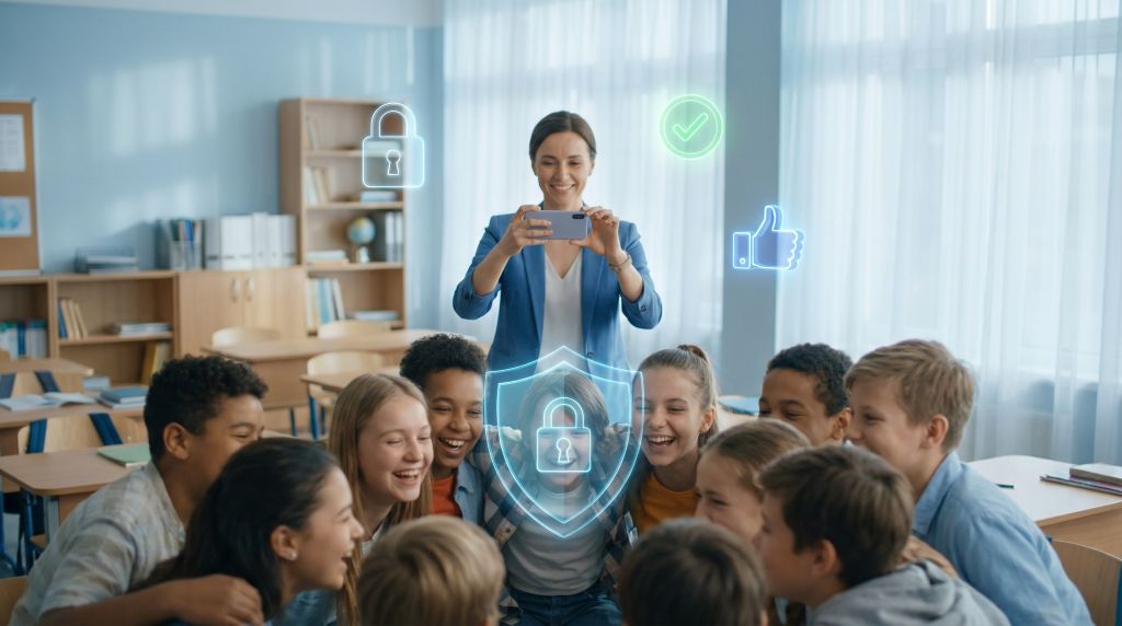 ครูถือสมาร์ทโฟนถ่ายรูปกลุ่มนักเรียนที่ยิ้มแย้มในห้องเรียน มีไอคอนดิจิทัลแสดงการรักษาความปลอดภัย: แม่กุญแจ โล่ป้องกัน เครื่องหมายถูก และ Like