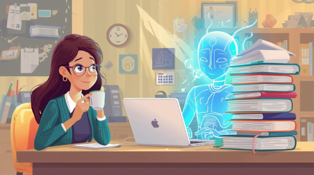 ภาพการ์ตูน AI ช่วยครูทำเอกสารงานธุรการ บันทึกข้อความ และร่างโครงการ เพื่อลดภาระงานครู