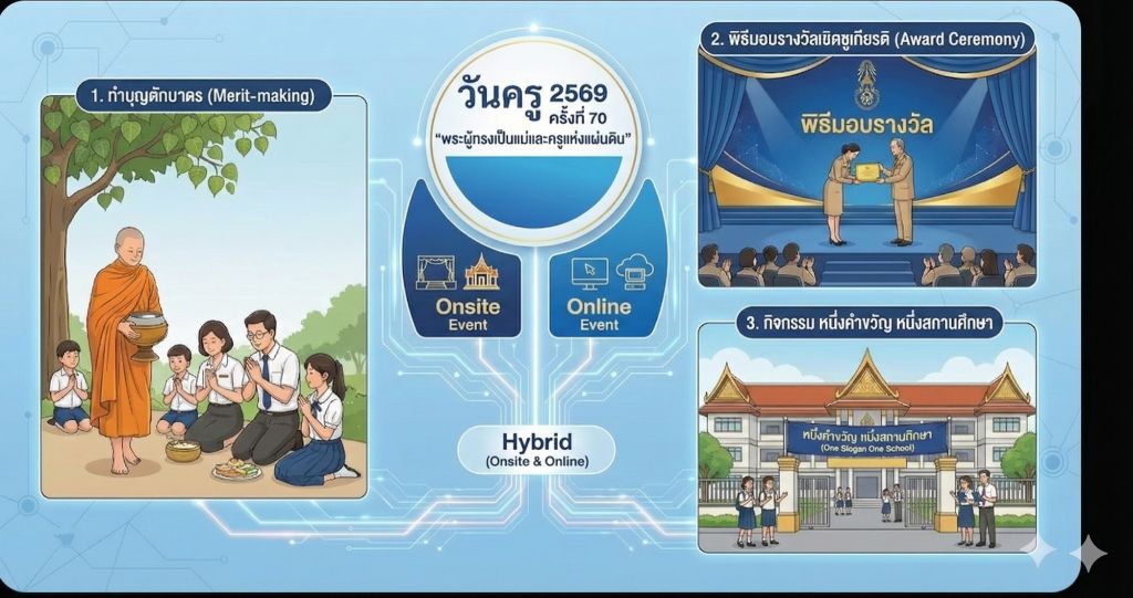 อินโฟกราฟิกแสดงรายละเอียดงานวันครู 2569 ครั้งที่ 70 ภายใต้แนวคิด "พระผู้ทรงเป็นแม่และครูแห่งแผ่นดิน" จัดในรูปแบบ Hybrid (Onsite และ Online) ภาพแสดง 3 กิจกรรมไฮไลท์ ได้แก่ 1. ภาพทำบุญตักบาตร 2. ภาพพิธีมอบรางวัลเชิดชูเกียรติบนเวที และ 3. ภาพกิจกรรมหน้าโรงเรียน "หนึ่งคำขวัญ หนึ่งสถานศึกษา"