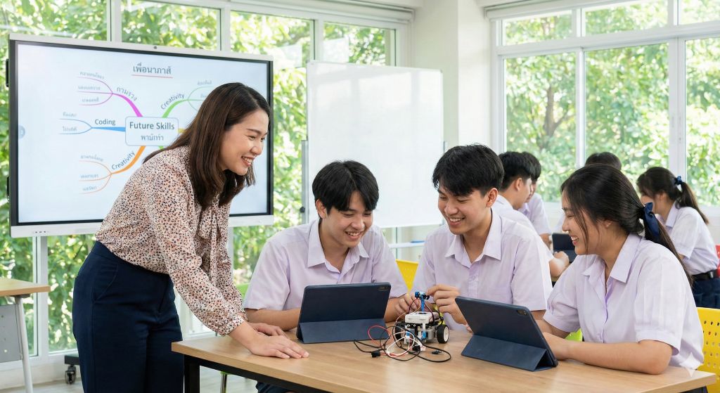 บรรยากาศห้องเรียนไทยยุคใหม่ที่เน้น Active Learning ครูและนักเรียนกำลังทำกิจกรรมกลุ่มโดยใช้แท็บเล็ตและชุดหุ่นยนต์ มีจออัจฉริยะแสดงแผนผังทักษะแห่งอนาคต