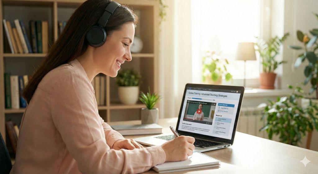 ภาพถ่ายครูผู้หญิงสวมหูฟังยิ้มแย้มขณะเรียนคอร์สออนไลน์บนแล็ปท็อปและจดบันทึก สื่อถึงการเรียนรู้เพื่อเก็บเกียรติบัตรผลงาน