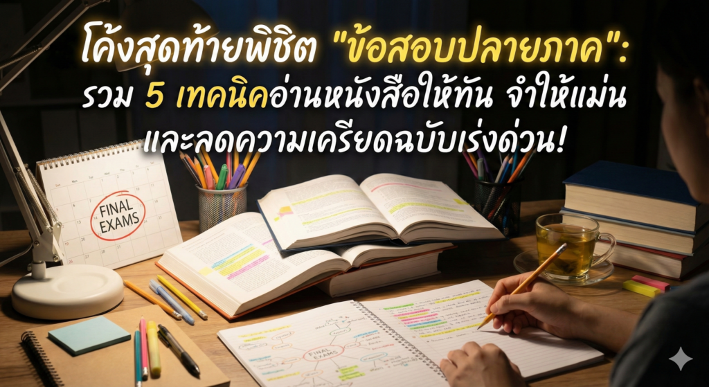 นักเรียนกำลังนั่งอ่านหนังสือและจดสรุปเตรียมตัวสอบปลายภาคอย่างตั้งใจบนโต๊ะที่มีหนังสือ กองชีท และโคมไฟ