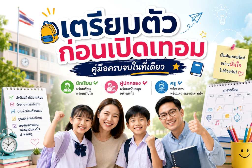 ภาพปกบทความเตรียมตัวก่อนเปิดเทอม แสดงนักเรียน ผู้ปกครอง และครู พร้อมเช็กลิสต์และอุปกรณ์การเรียน ในบรรยากาศสดใสต้อนรับเปิดเทอมใหม่